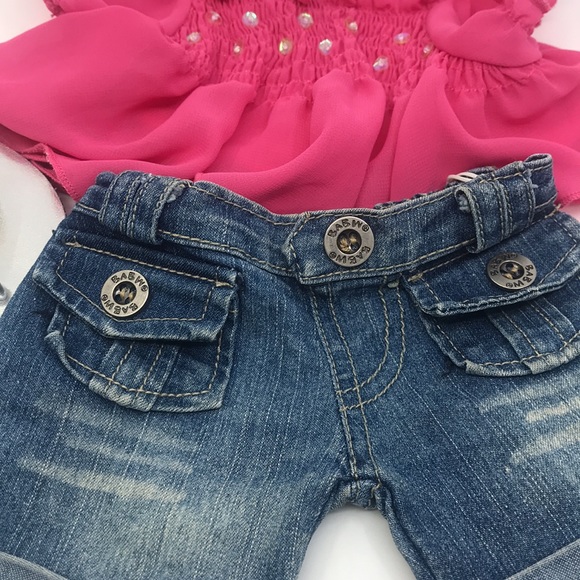 Build A Bear Outfit Pink Chiffon Top, Jeans and Jewelled Metallic Sandals - Picture 3 of 7